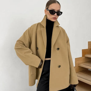 Avencea - Elegant, mid-length, brown wool coat with double-breasted closure