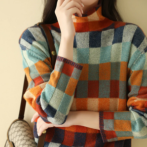 Avencea | Cozy Colorful Turtleneck Sweater with Patchwork Knit Pattern