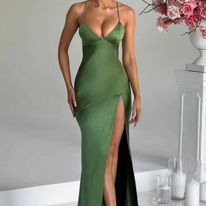Avencea Maxi Dress - Super Soft, Romantic Satin Maxi with Deep V-Neck and Thigh-High Slit