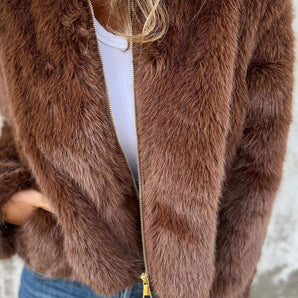 Avencea - Faux Fur Jacket with High Collar and Zipper