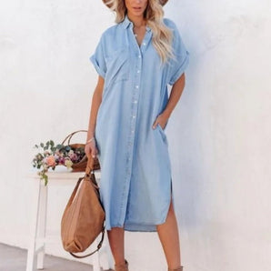 Avencea - Short-Sleeved Shirt Dress Made of High-Quality Denim