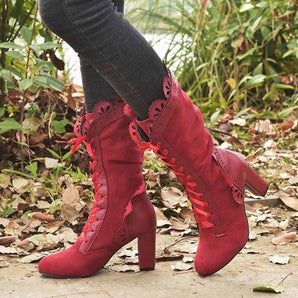 Avencea - Flock Leather Boots with Elegant High Heels