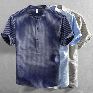 Avencea Baden Felix-Grant Shirt - Striped Cotton Shirt with Stand Collar and Short Sleeves